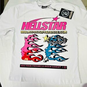 Pink and White Short Sleeve Hellstar tee with Graphic Design